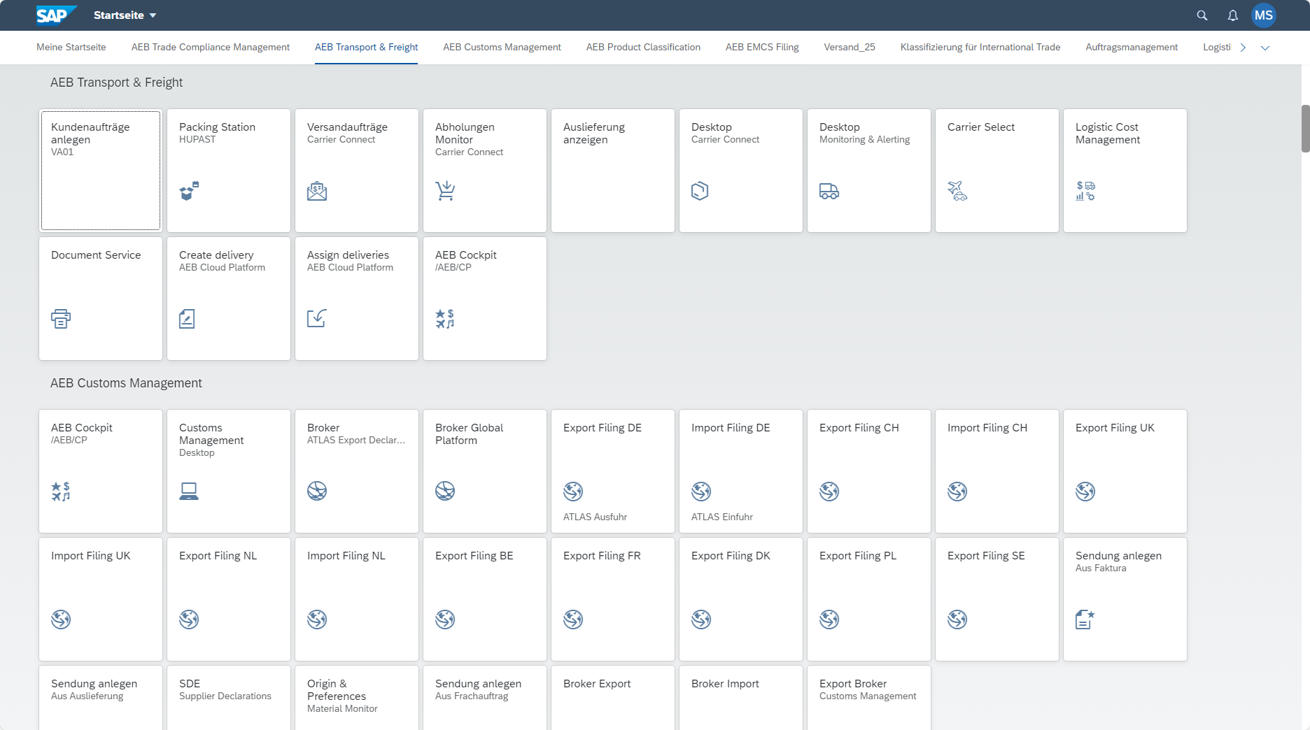 screenshot of AEB Carrier Cloud for SAP